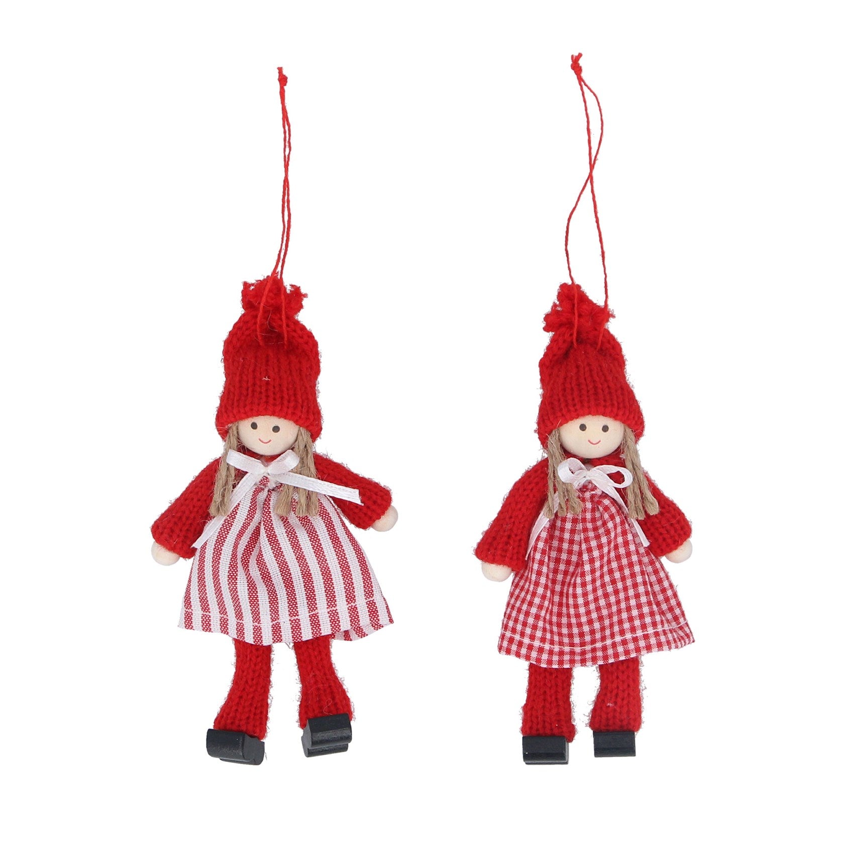 Red Stripe & Gingham Fabric Wooden Girl Decoration
