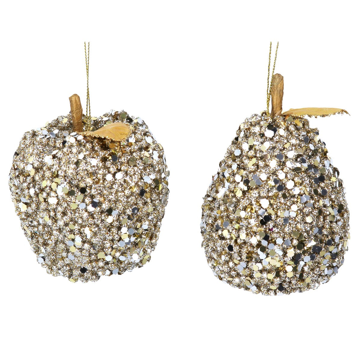 Gold Sequin Apple & Pear Fruit Christmas Decorations