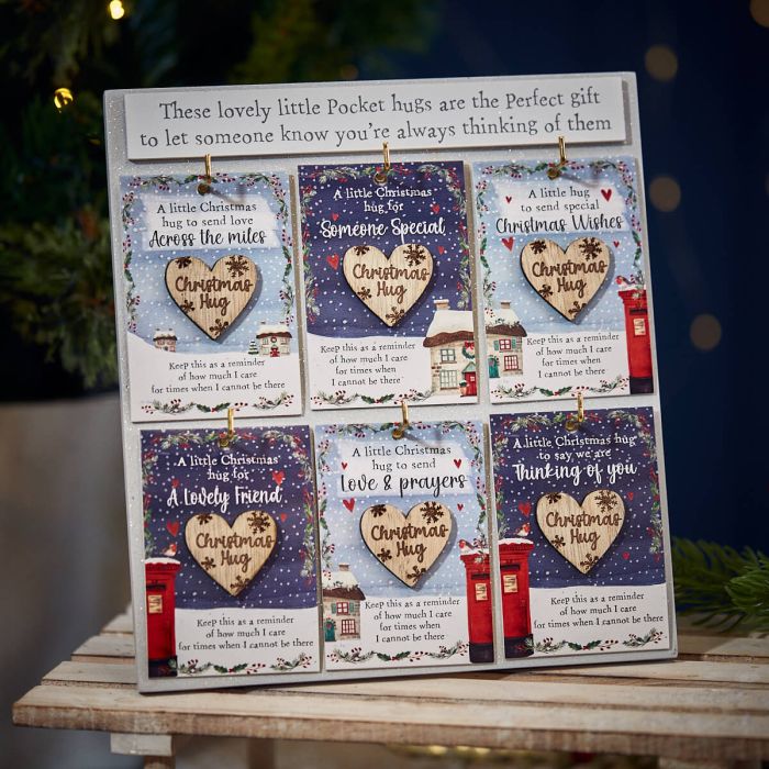 Christmas Pocket Hugs Wooden Heart On Card