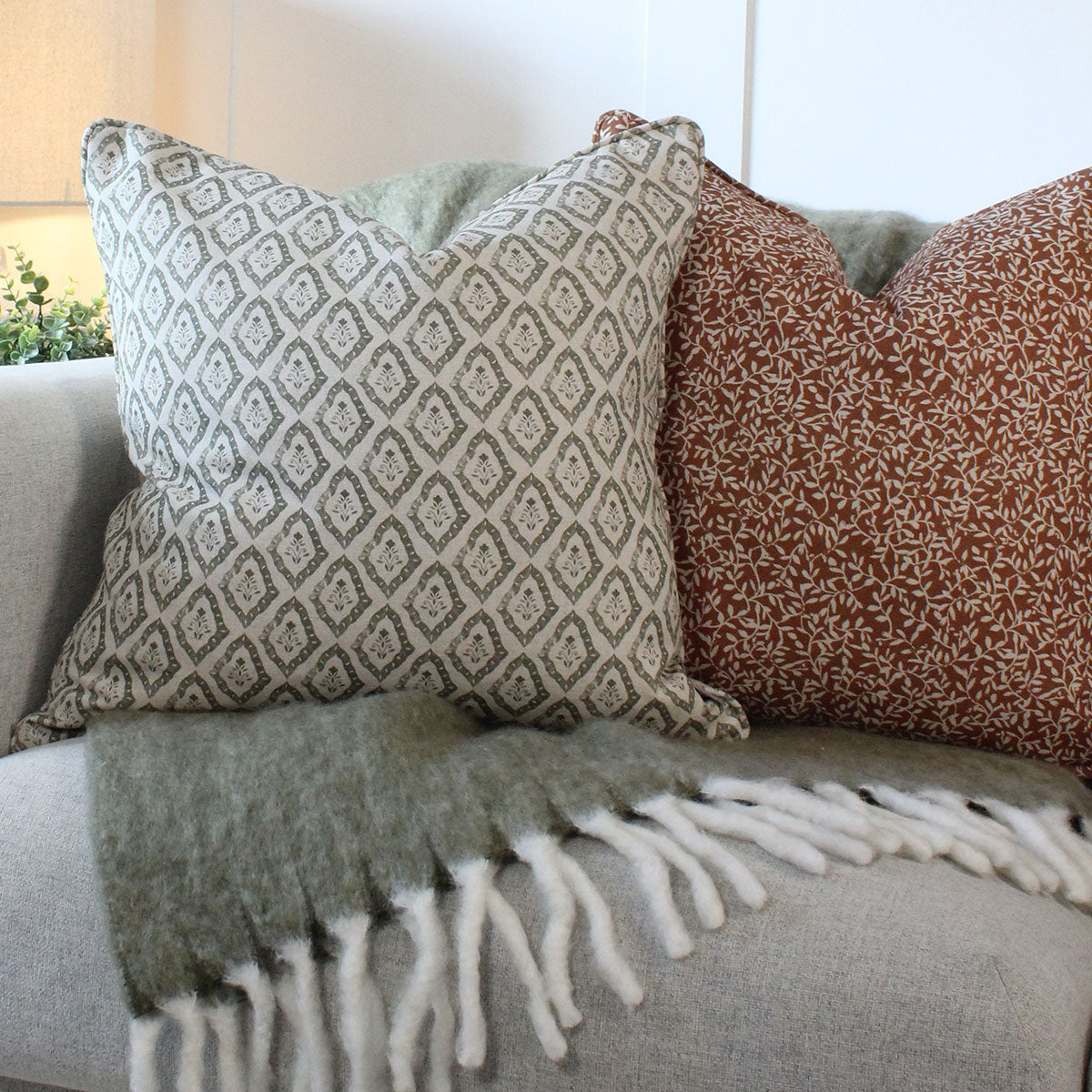 Celina Oregano Green Diamond Floral Print Square Cushion