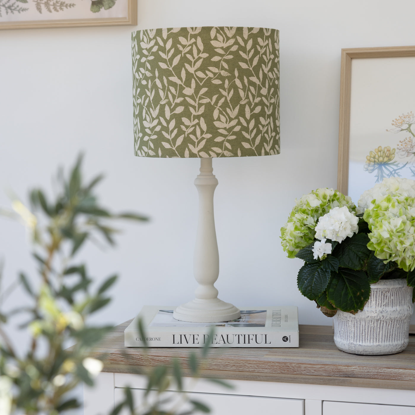 Green Floral Leaf Print Drum Lampshade