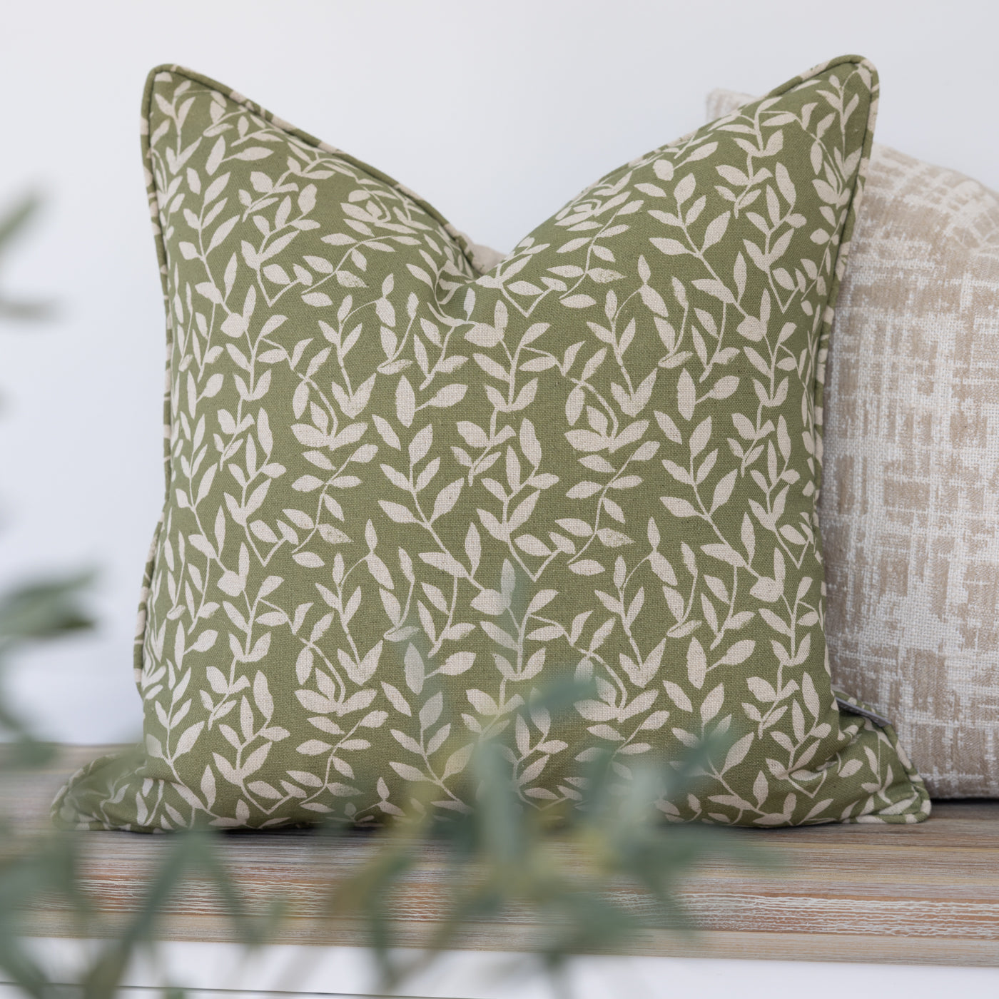 Green Floral Leaf Print Cushion