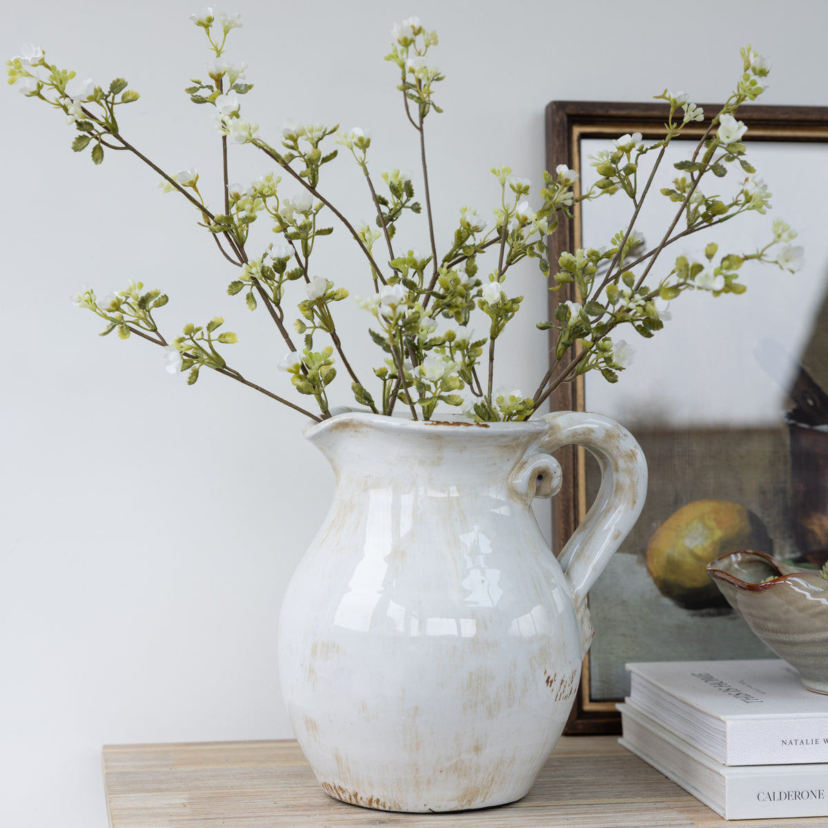 Faux White Wax Flower Stem with Leaves