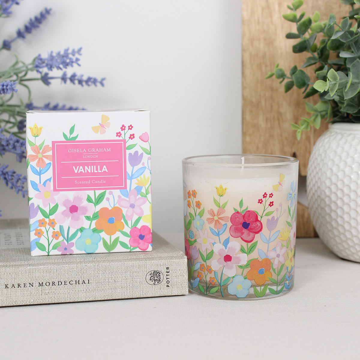 Pastel Flowers Vanilla Scented Candle in Glass Pot - Large