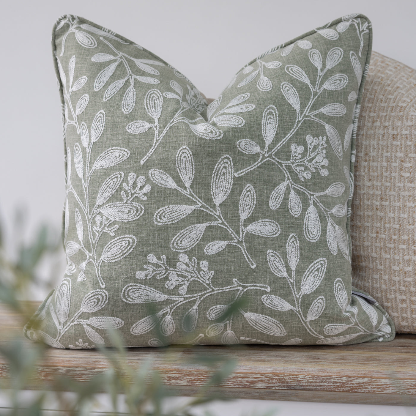 Green Embroidery Leaf Floral Cushion Cover