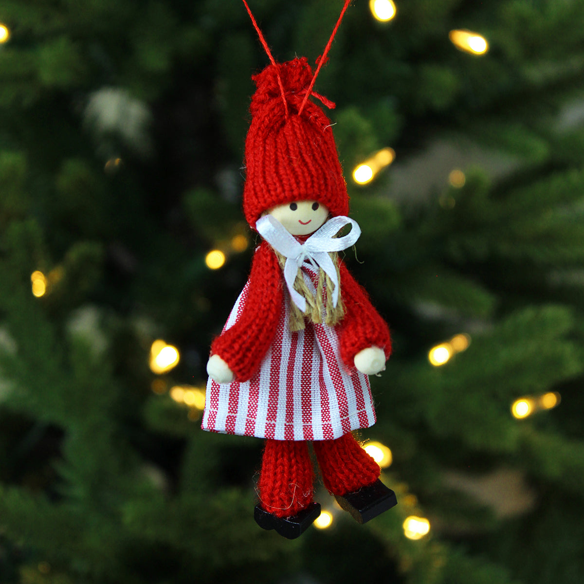 Red Stripe & Gingham Fabric Wooden Girl Decoration