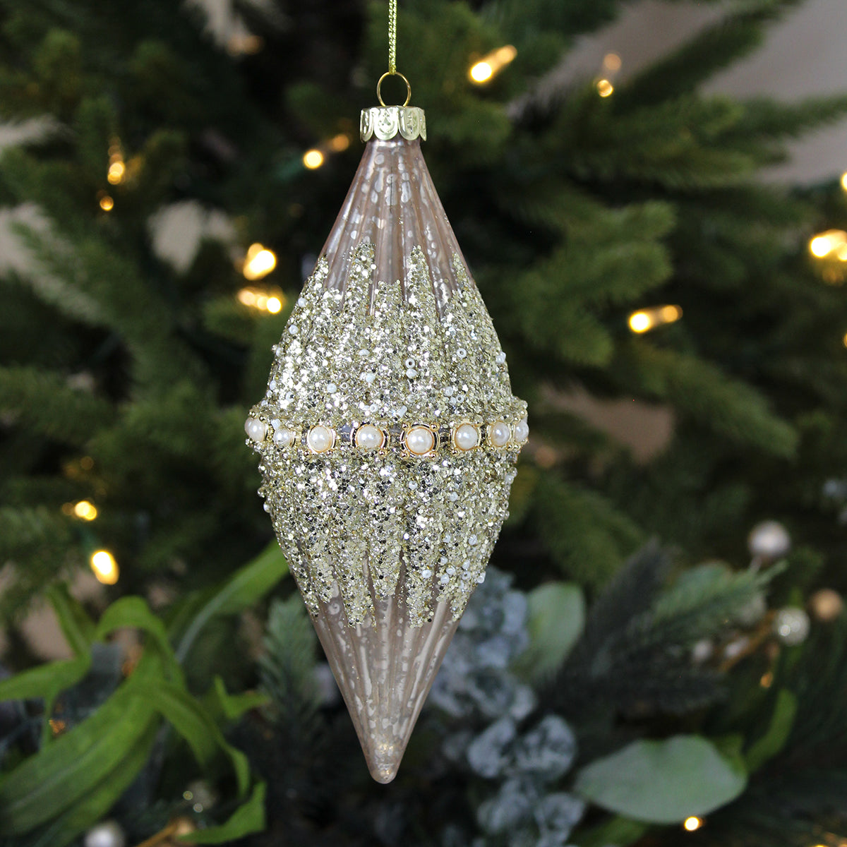 Pink Bead Encrusted Teardrop Christmas Bauble