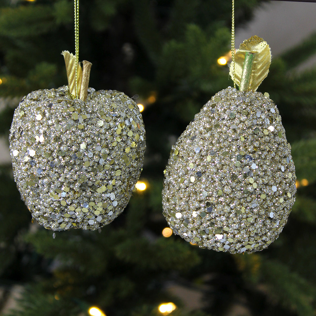 Gold Sequin Apple & Pear Fruit Christmas Decorations