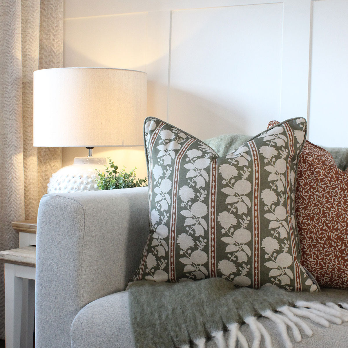 Mirabeau Oregano Green and Rust Floral Stripe Square Cushion