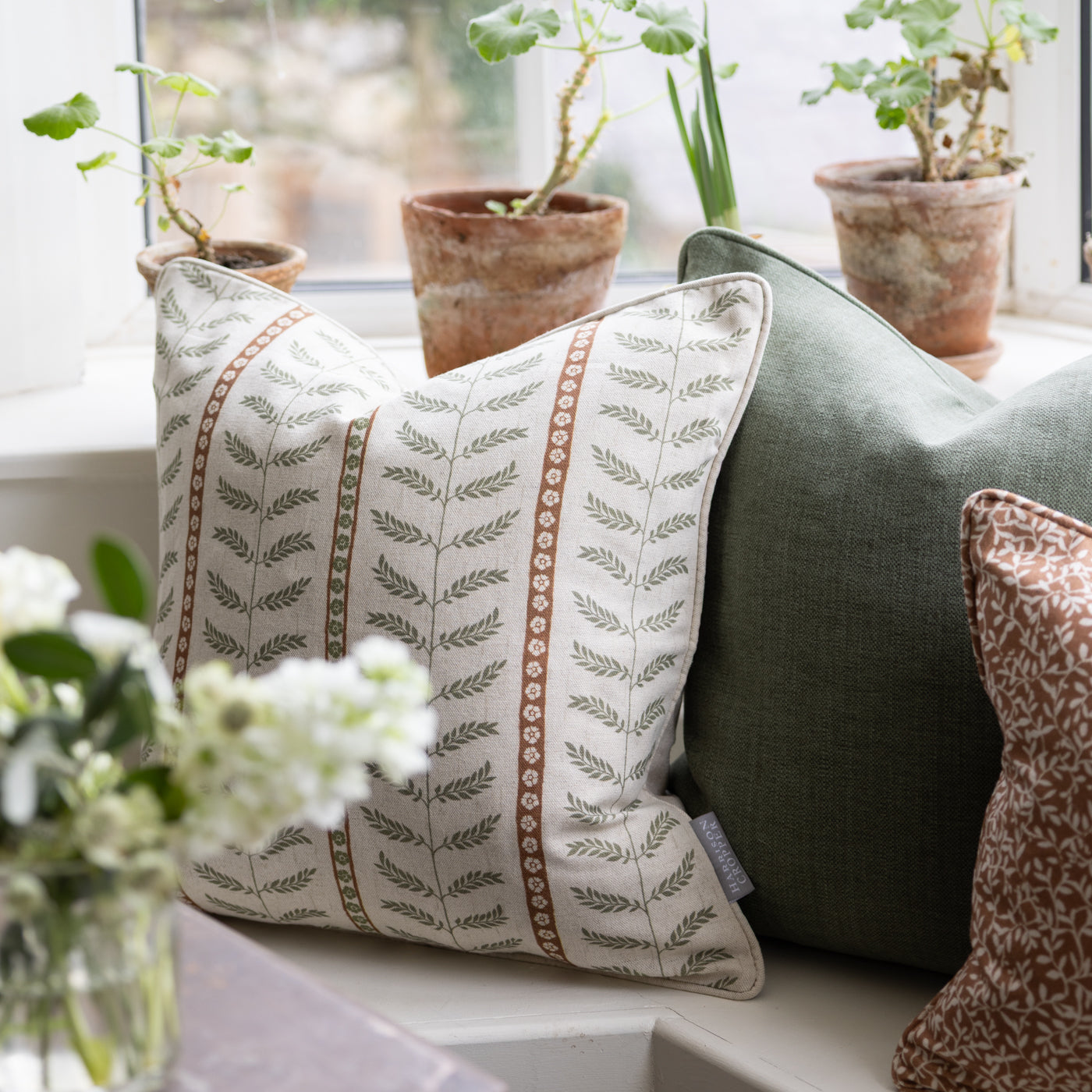 Suriane Spice Green & Rust Floral Stripe Cushion