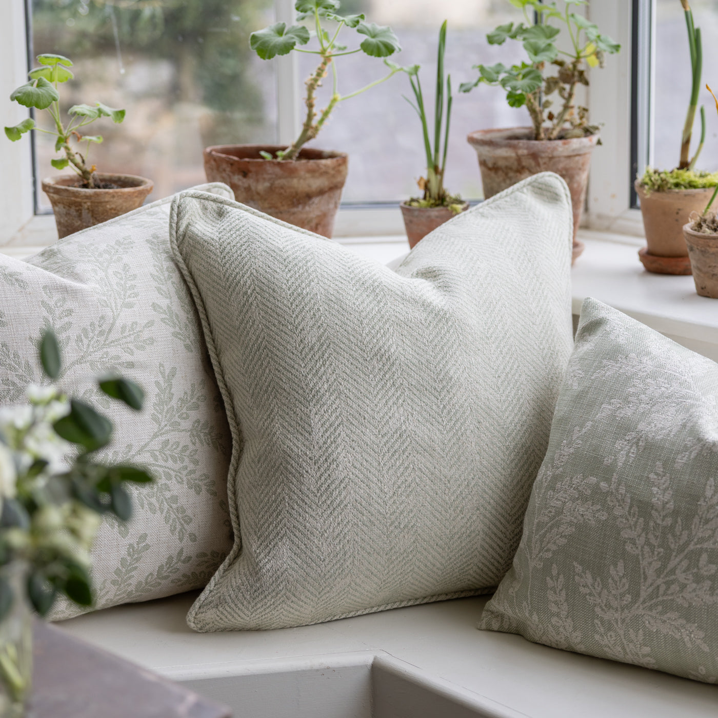 Ashmore Sage Herringbone Linen Cushion