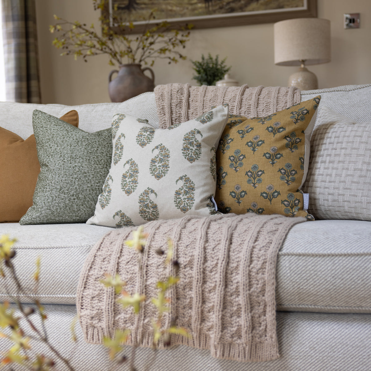 Ochre Bramble Floral Cushion