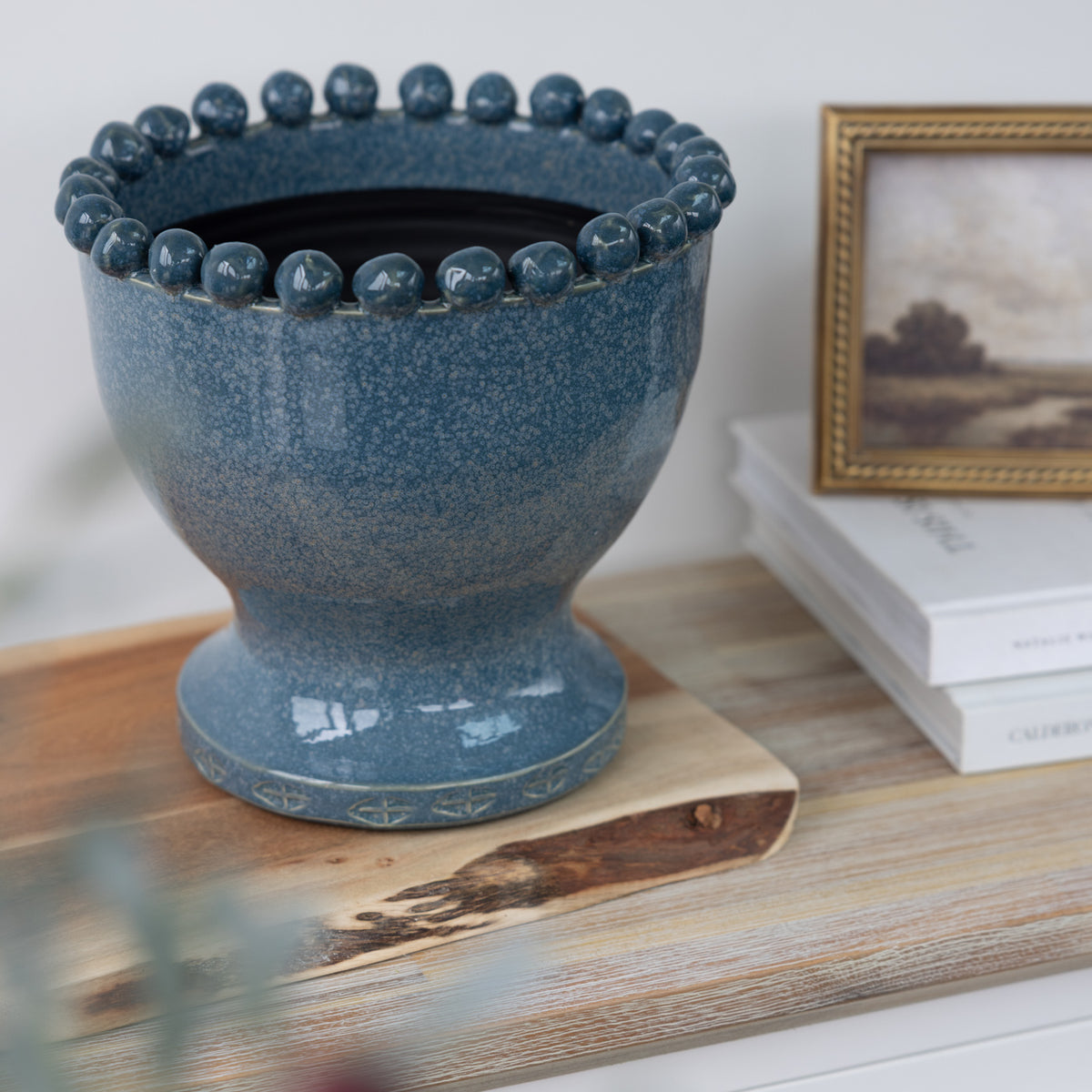Blue Bobble Rim Ceramic Vase