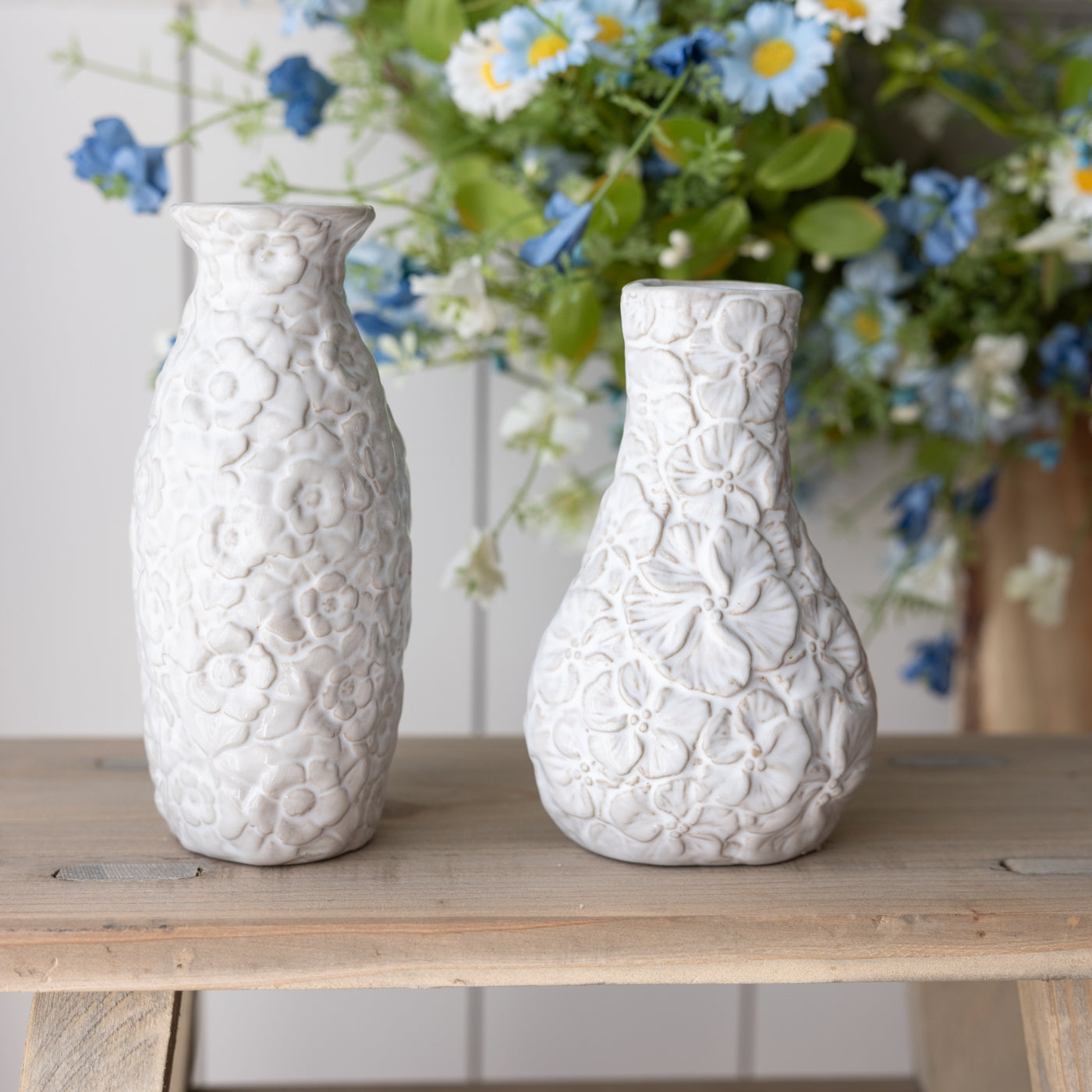 White Embossed Flower Small Ceramic Vase