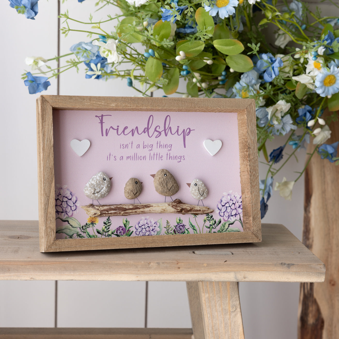 Friendship Floral Feathered Wood Framed Plaque With Resin Birds
