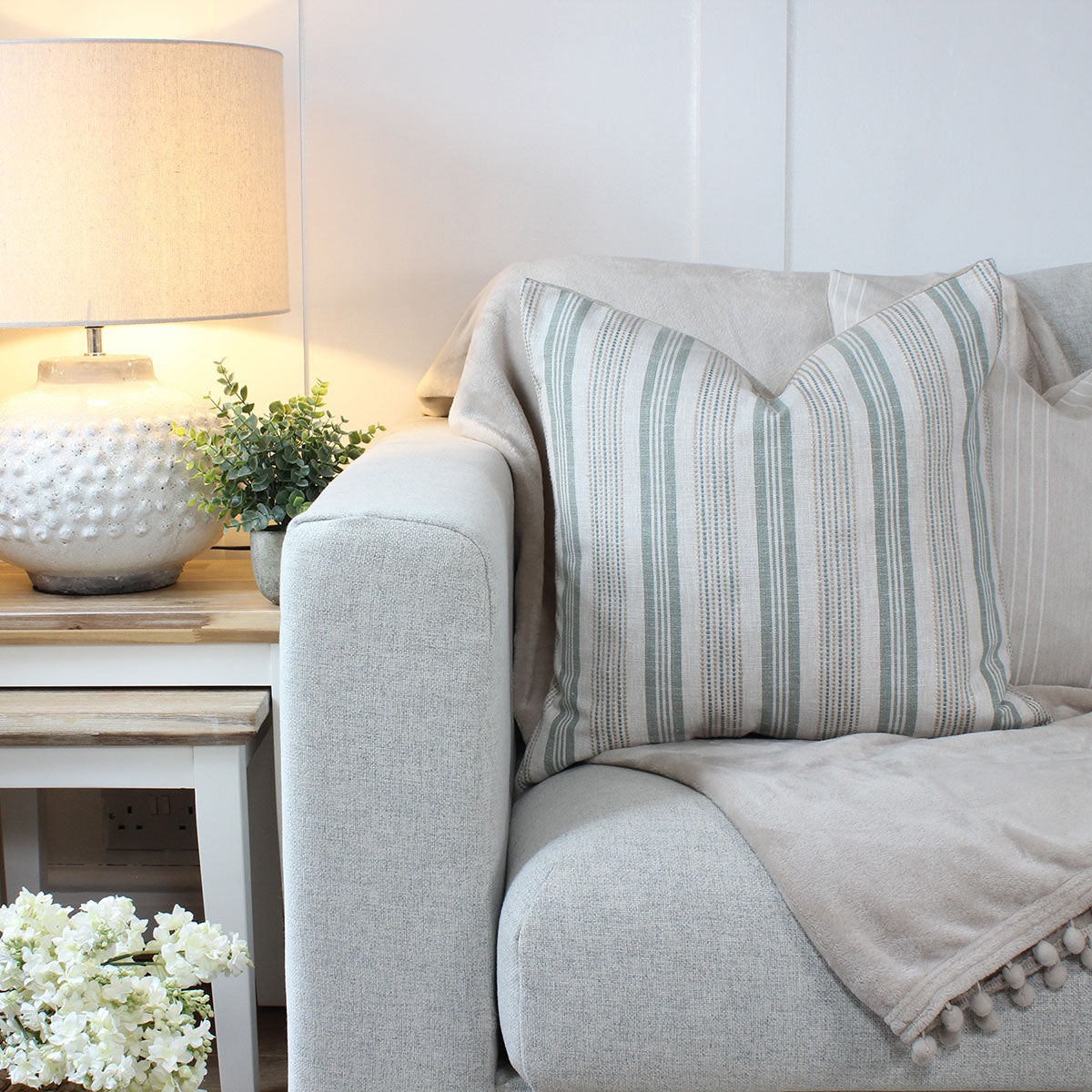 Positano Seafoam Embroidered Stripe Square Cushion