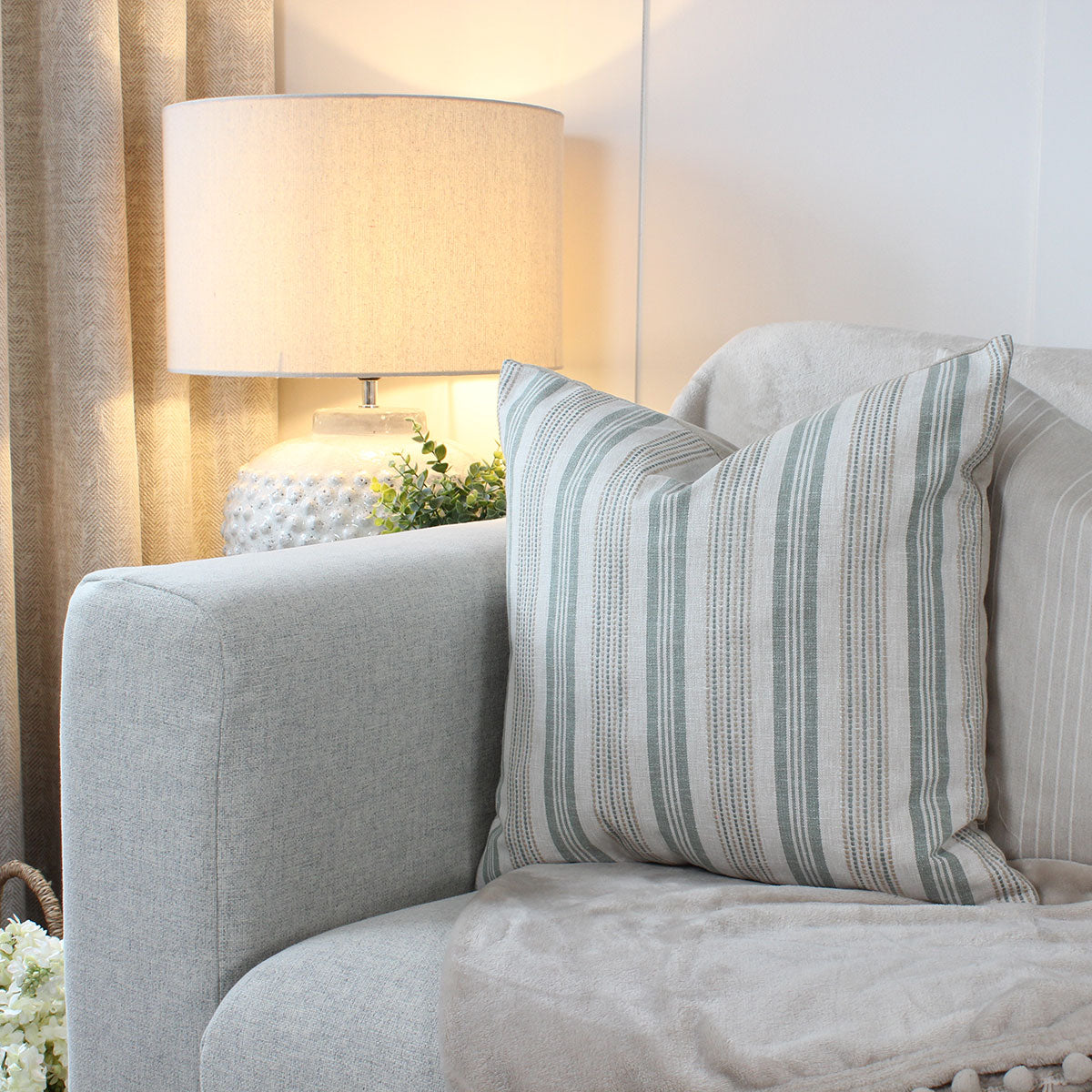 Positano Seafoam Embroidered Stripe Square Cushion