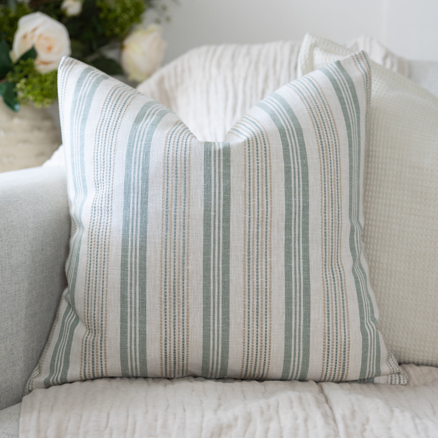 Positano Seafoam Embroidered Stripe Square Cushion