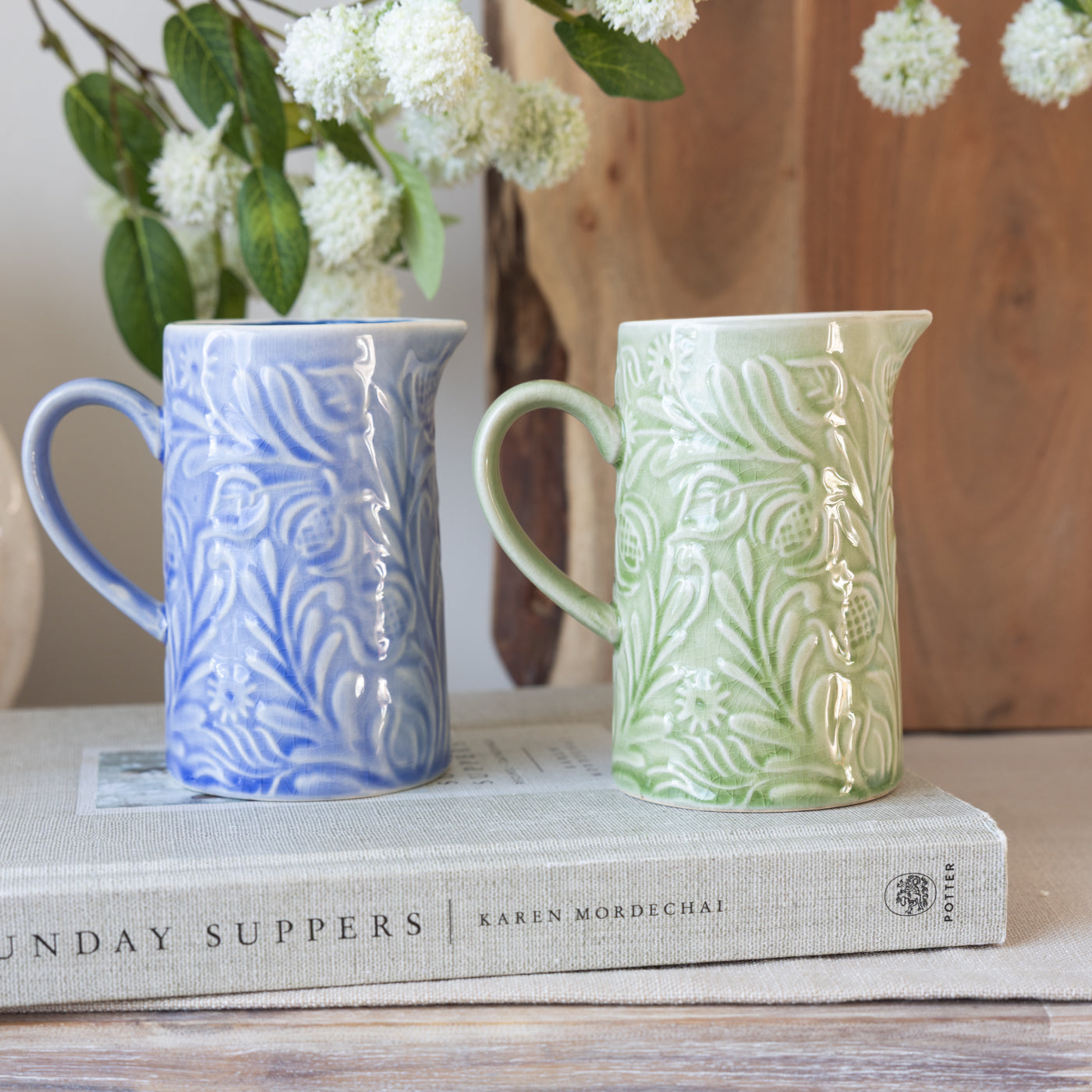Country Flowers Blue Stoneware Jug