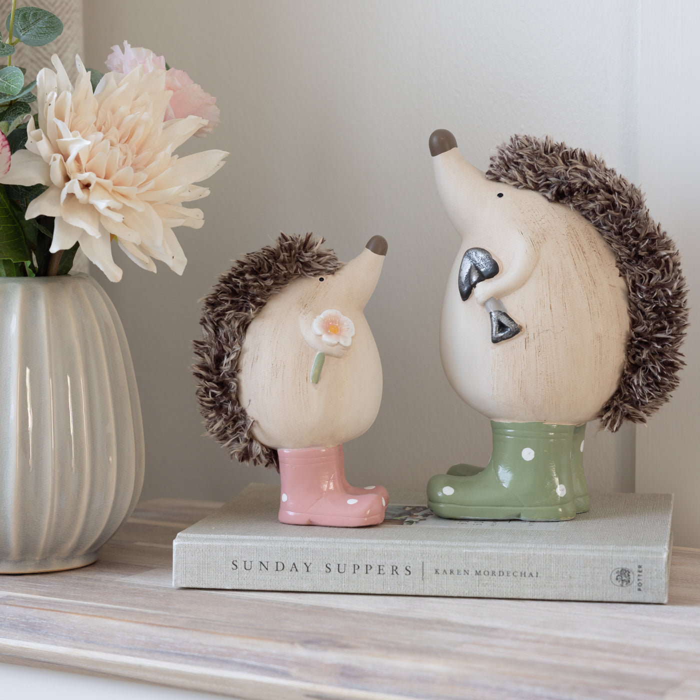 Hedgehog With Green Spot Welly Boots Clay Ornament