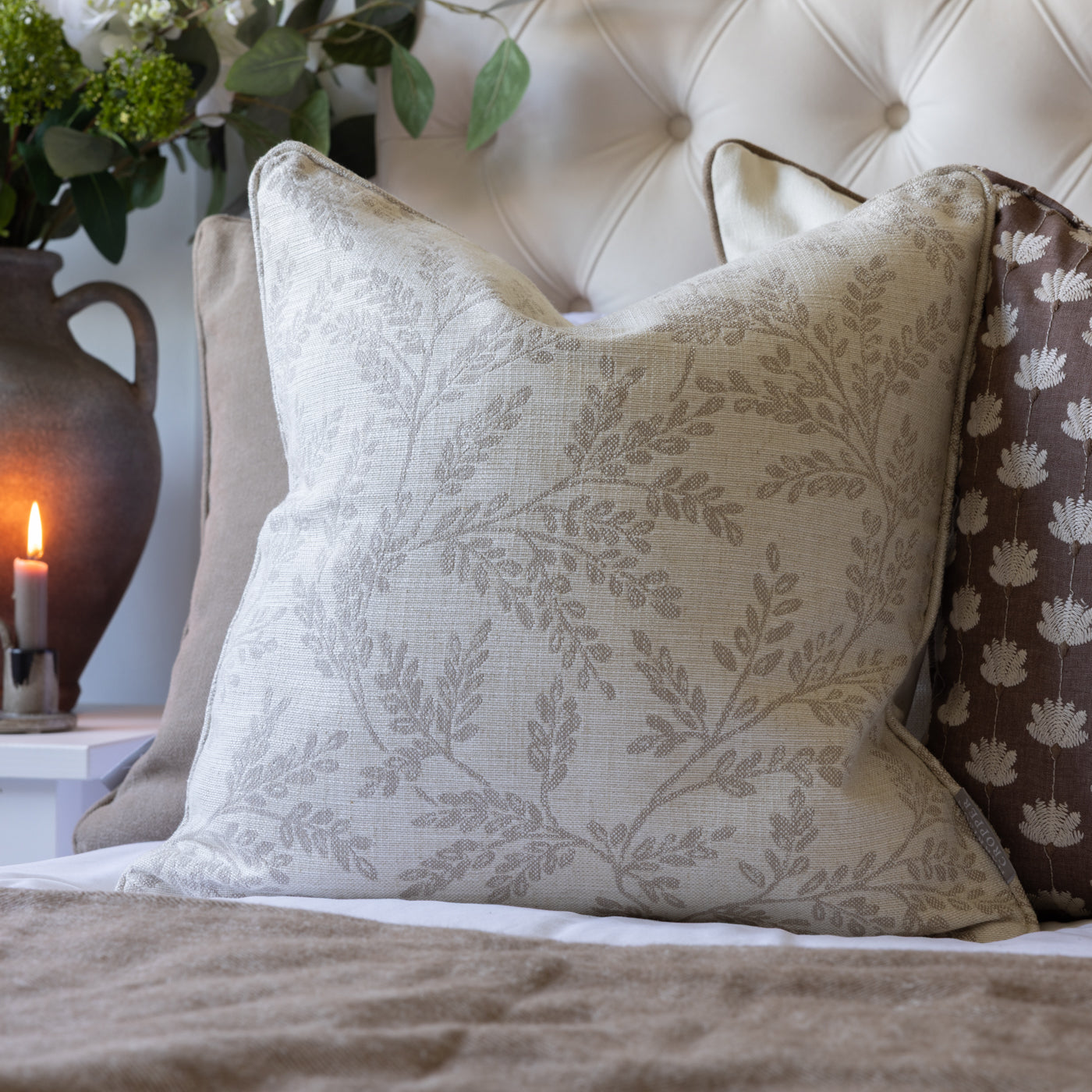 Ferndown Linen Taupe Floral Print Cushion