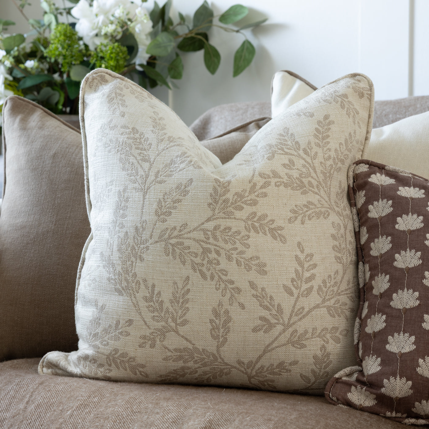 Ferndown Linen Taupe Floral Print Cushion