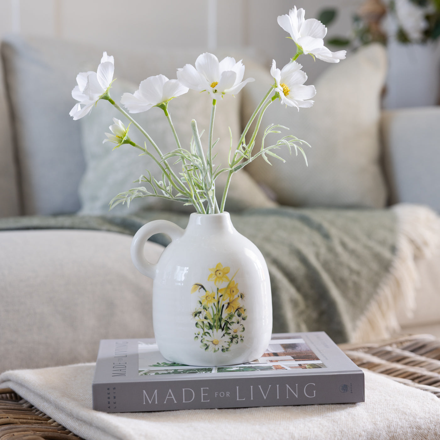 Daffodil and Daisy Stoneware Vase With Handle Ribbed Effect