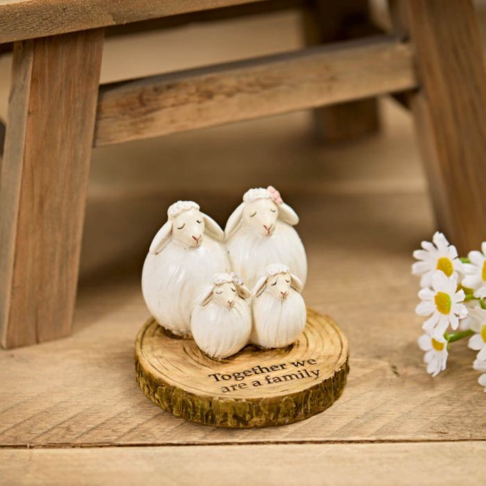 Resin Sheep Family On Bark Slice Ornament