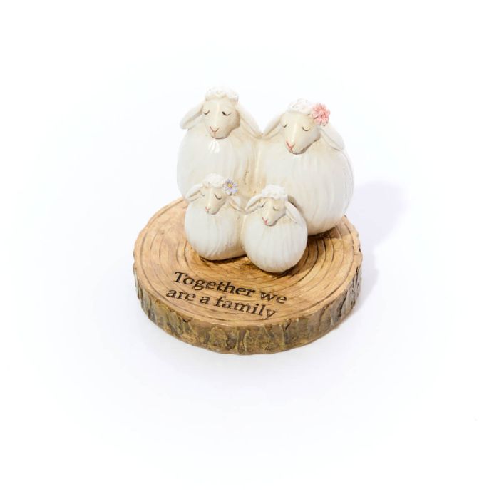 Resin Sheep Family On Bark Slice Ornament