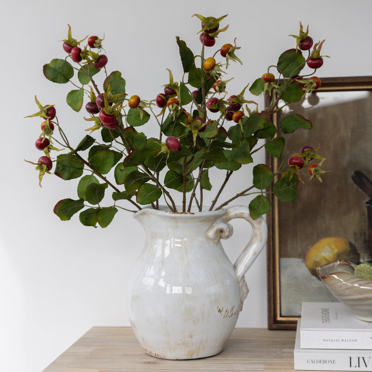 Faux Rosehip with Leaves Stem