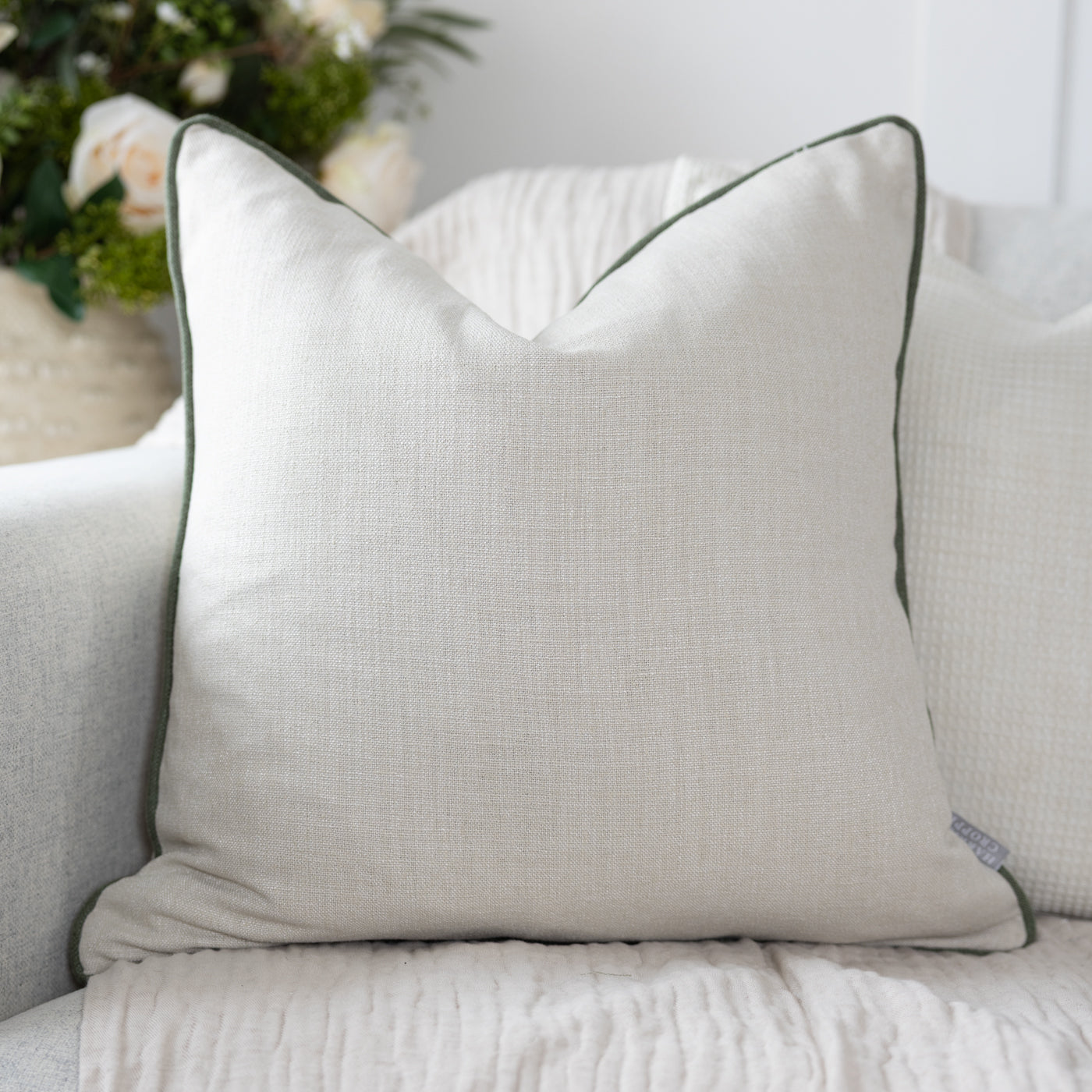 Saxon Oatmeal Cushion with Linara Tarragon Piping