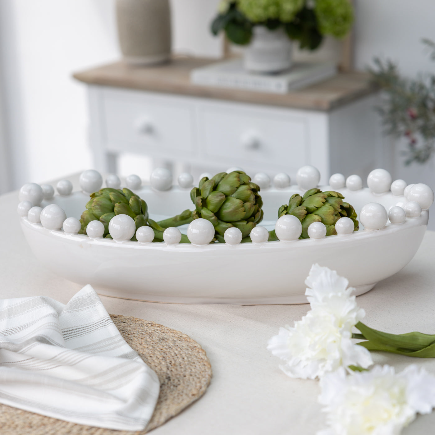 White Bobble Edged Oval Bowl