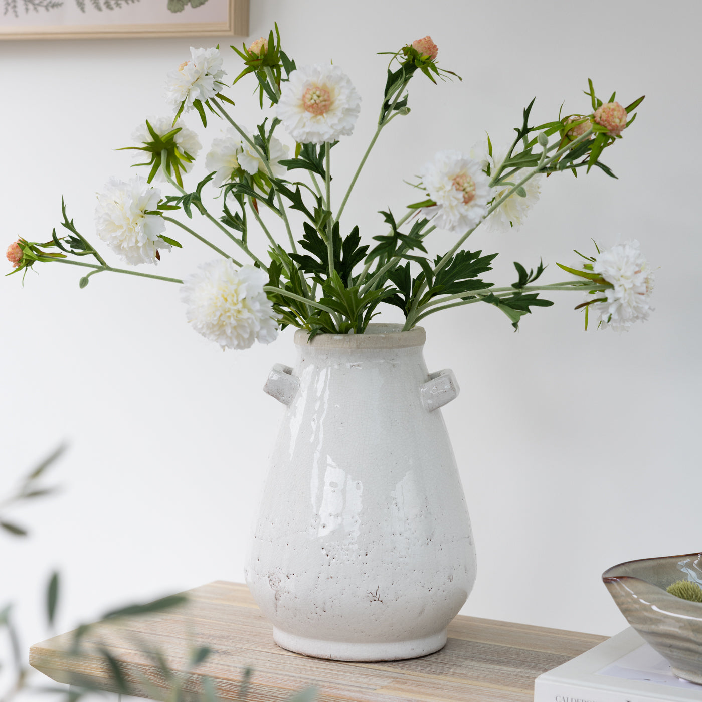 Faux White Scabiosa Spray with Leaves