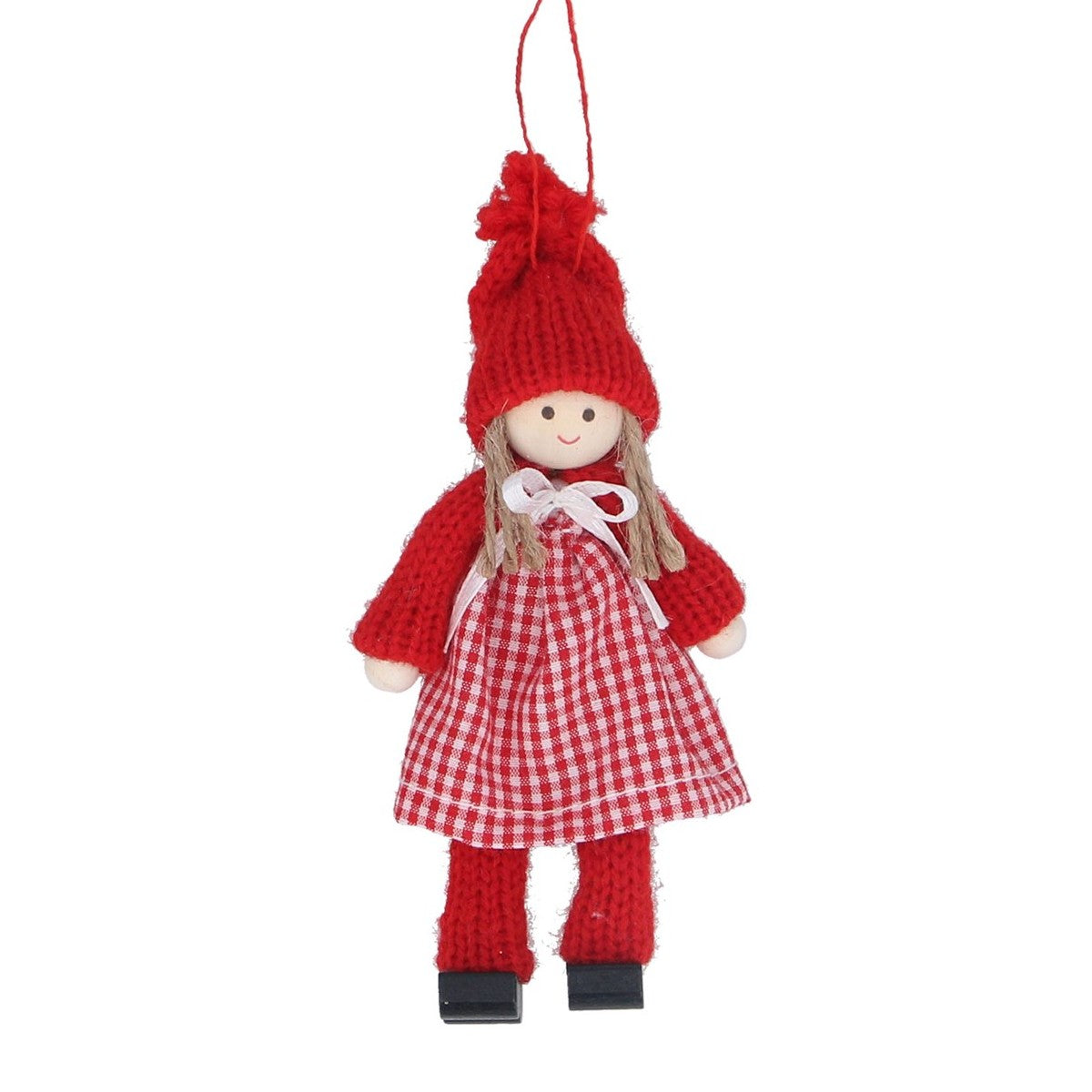 Red Stripe & Gingham Fabric Wooden Girl Decoration