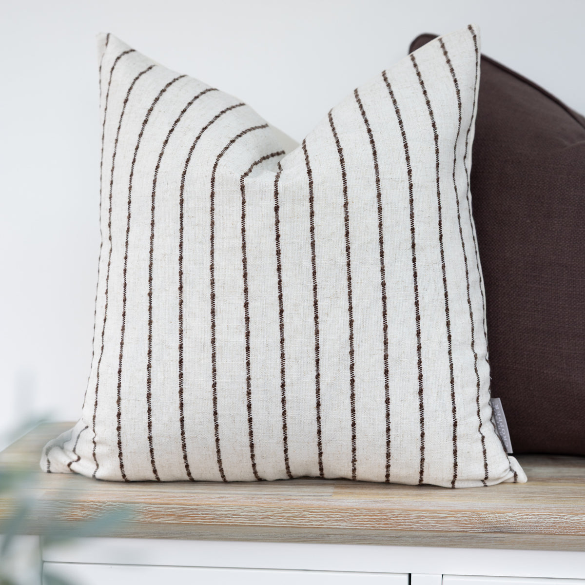 Hartmere Walnut Brown Textured Stripe Cushion with fine brown stripes on cream