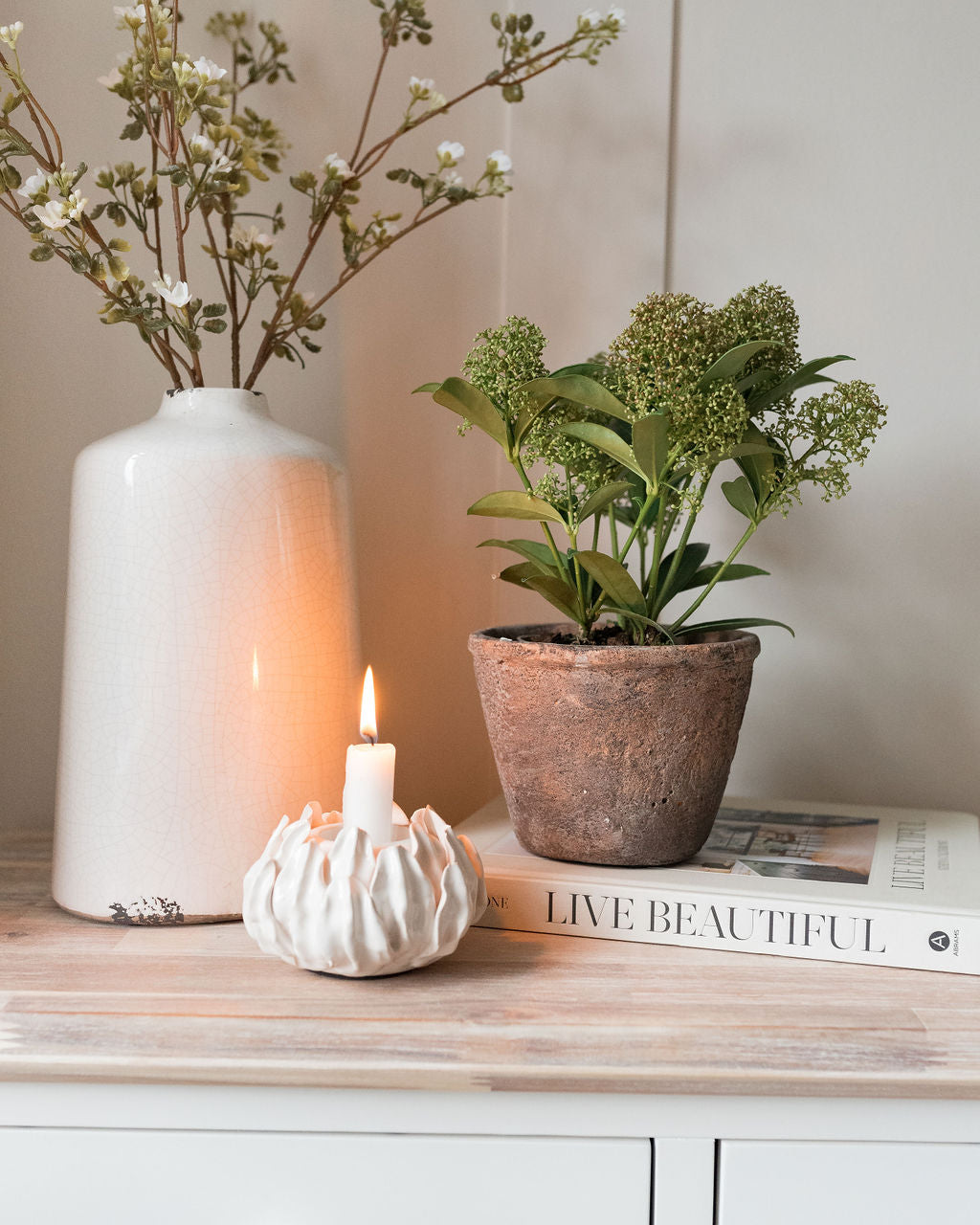 Natalia White Stoneware Lotus Candle Holder
