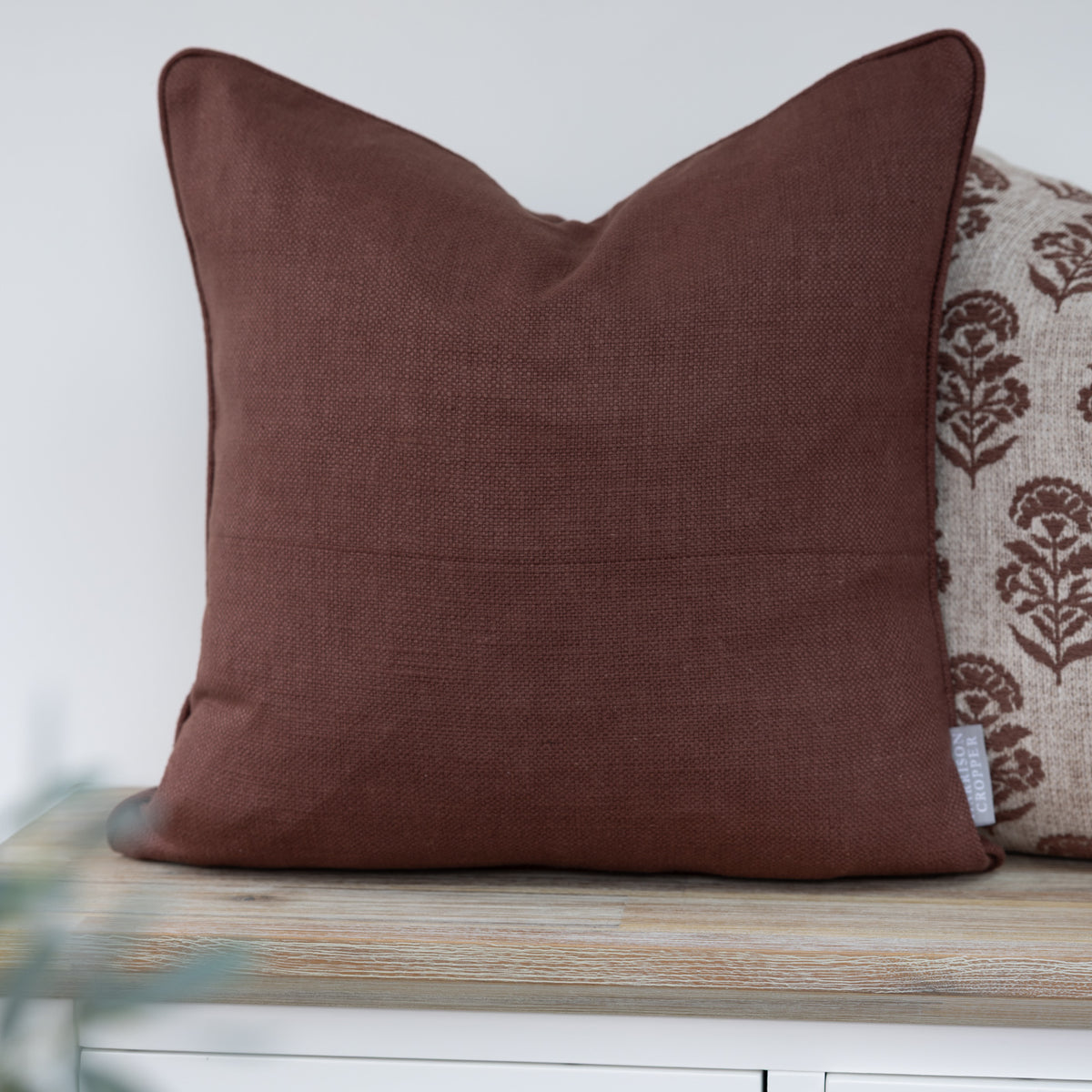 Oakmere Auburn Brown Textured Cushion with piped edges