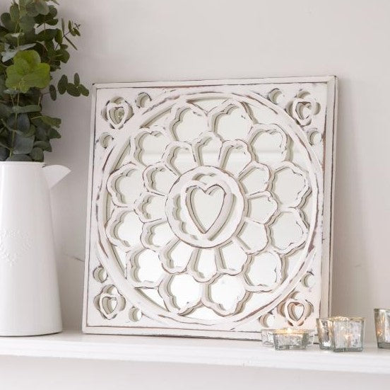 White Distressed Heart Mirror Panel