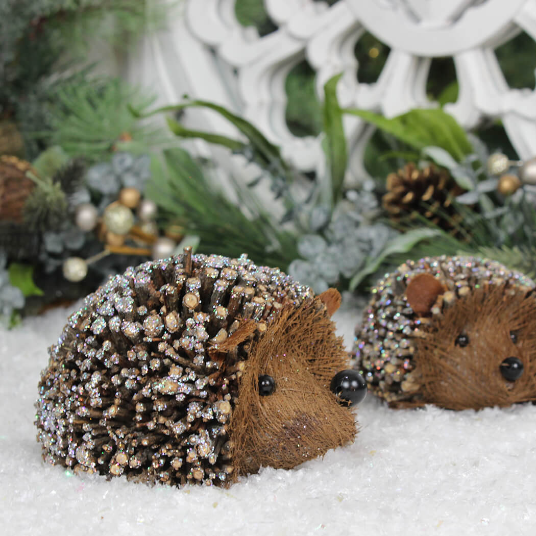 Set of Two Glittered Twig Hedgehog Ornament