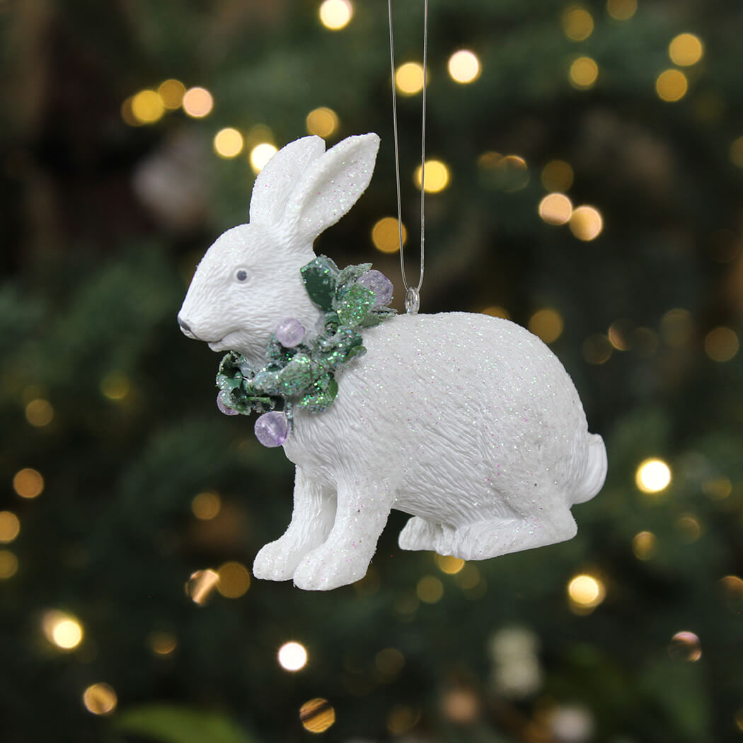 White Resin Hare with Wreath Dec
