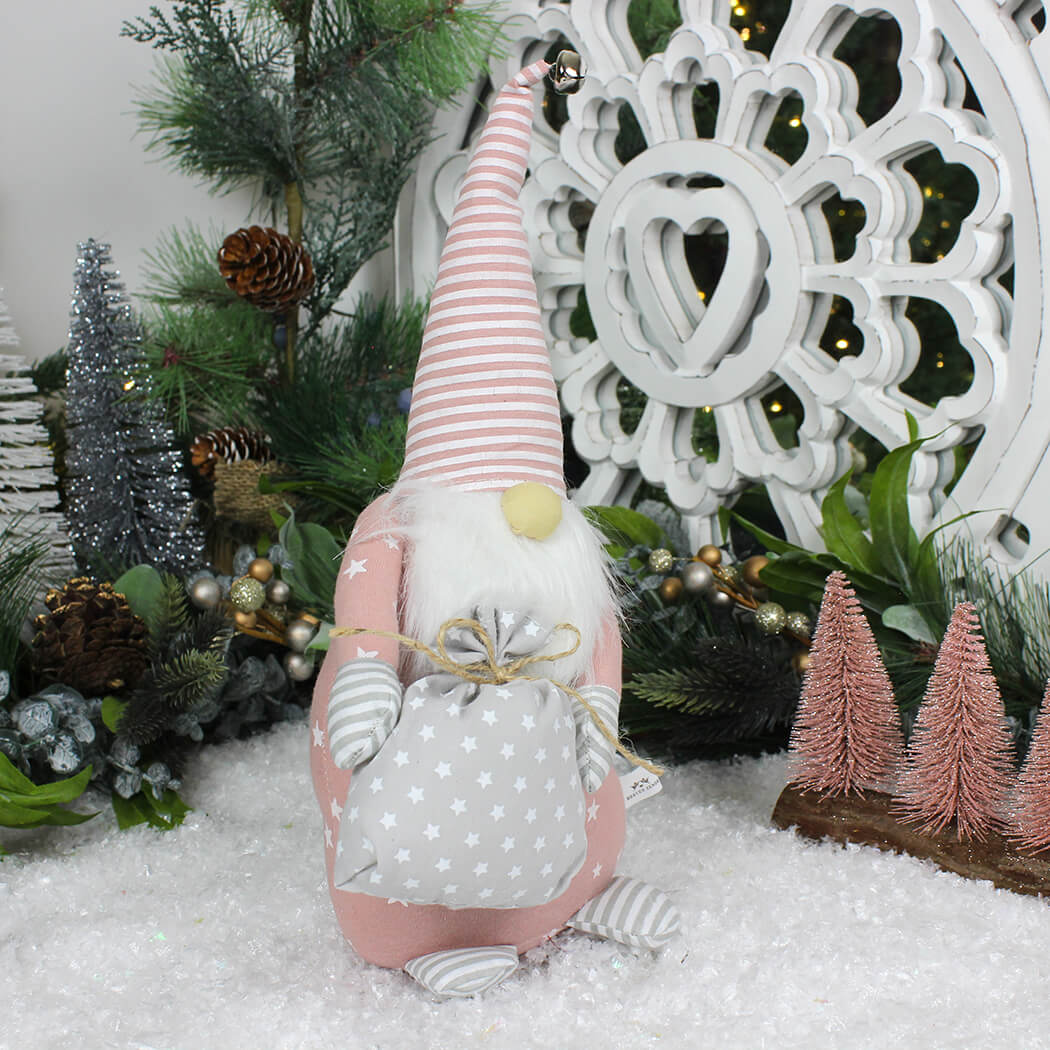 Fabric Santa with Sack In Stripy and Pink Hat Ornament