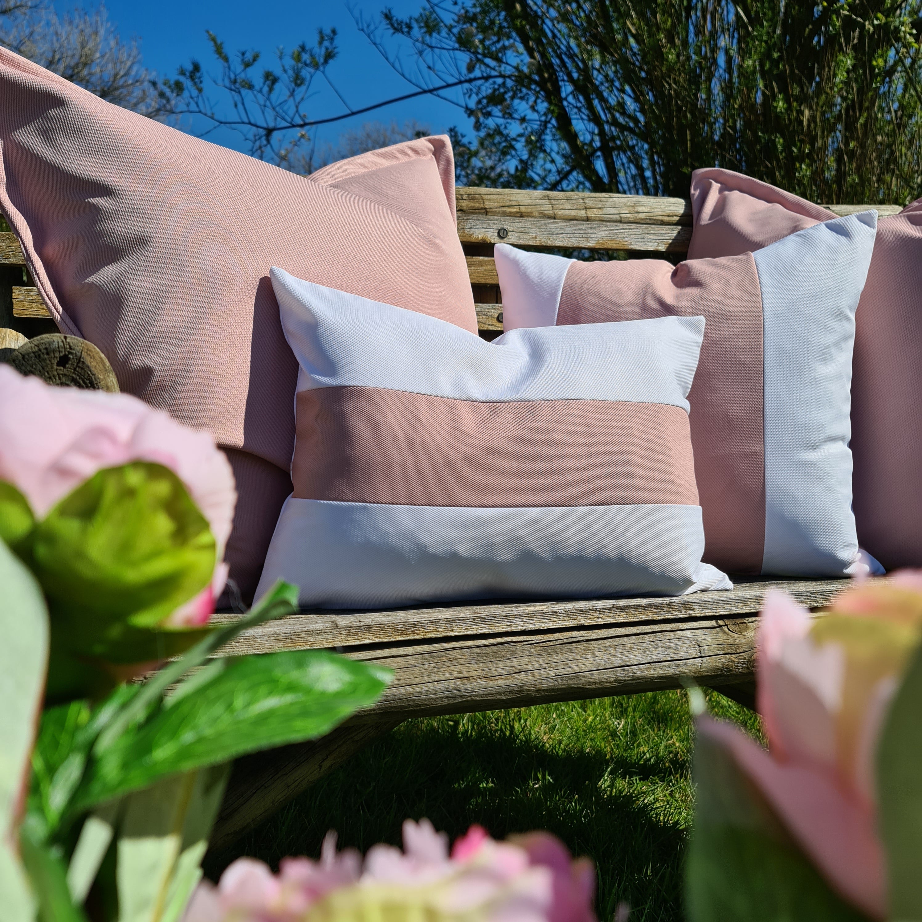 Pink & White Horizontal Stripe Oblong Water Resistant Cushion