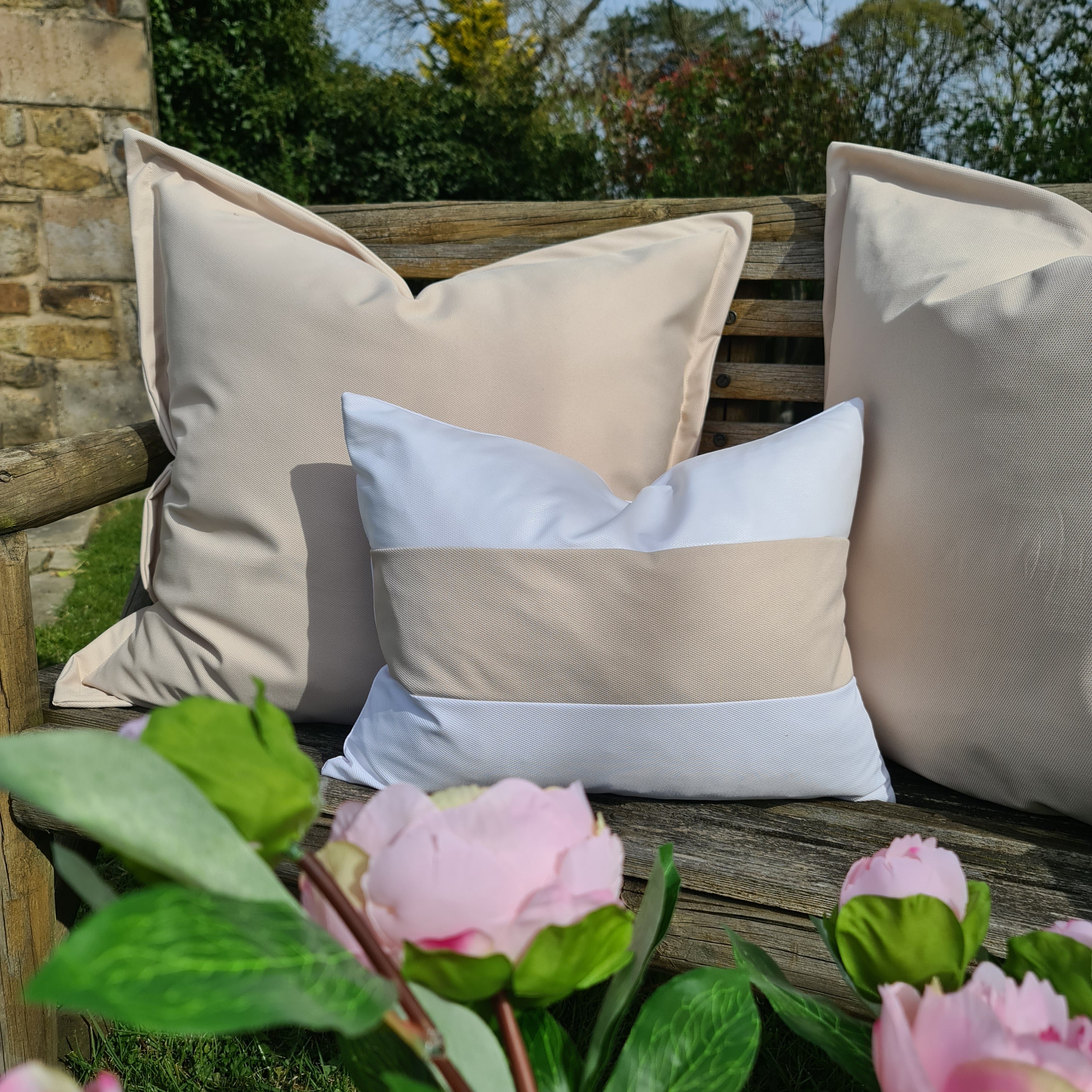 Beige & White Horizontal Stripe Oblong Water Resistant Cushion