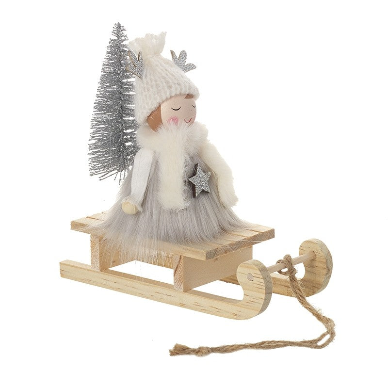 Wooden Girl On Sledge Ornament