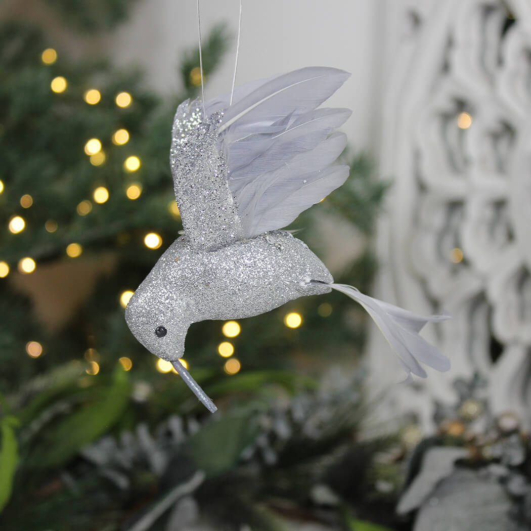 Glittery Silver Feather Hanging bird