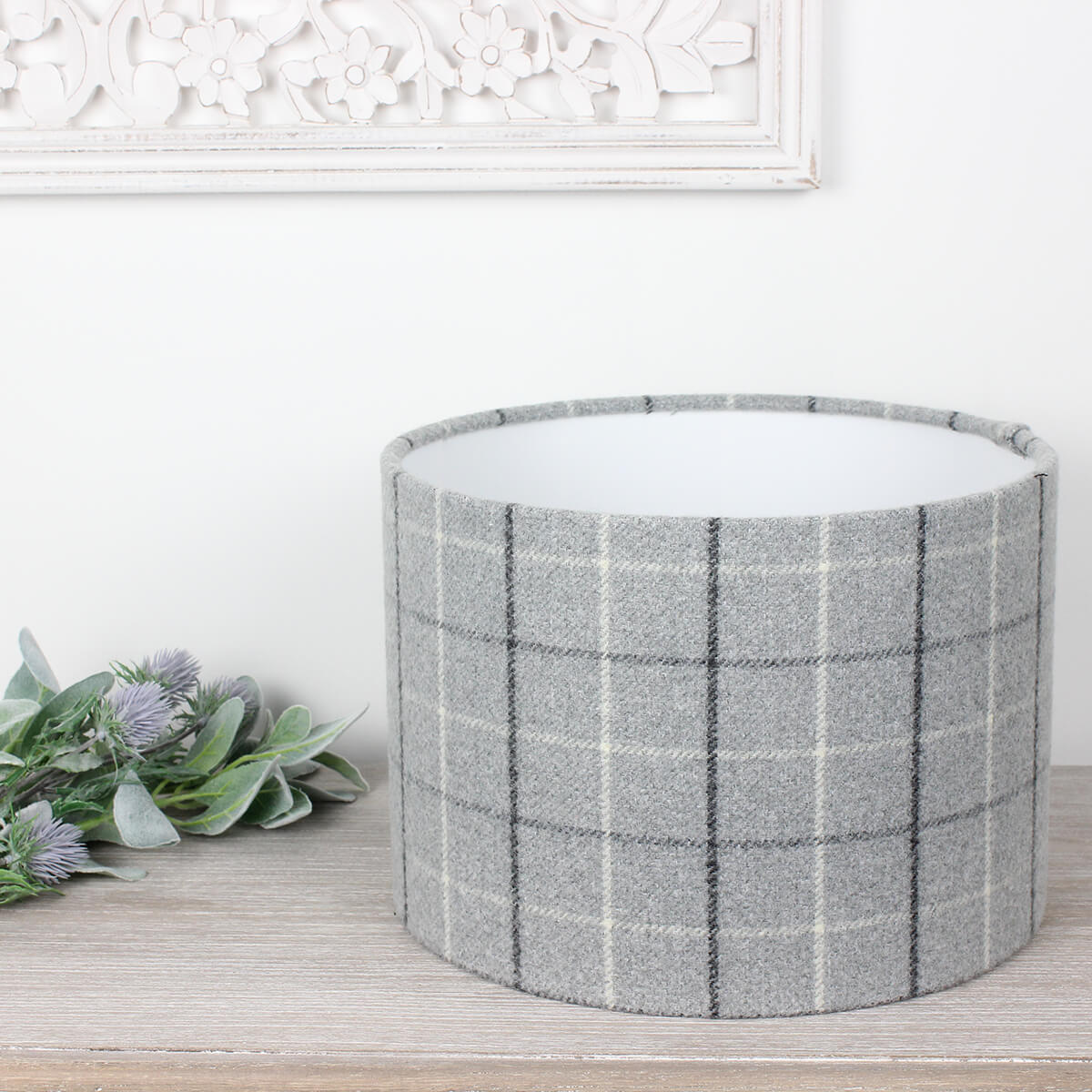 Bamburgh Dove Grey Tartan Check Drum Lampshade