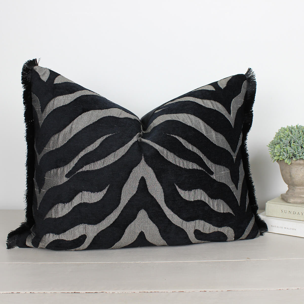 Limpopo Silver Zebra Cushion with Fringe