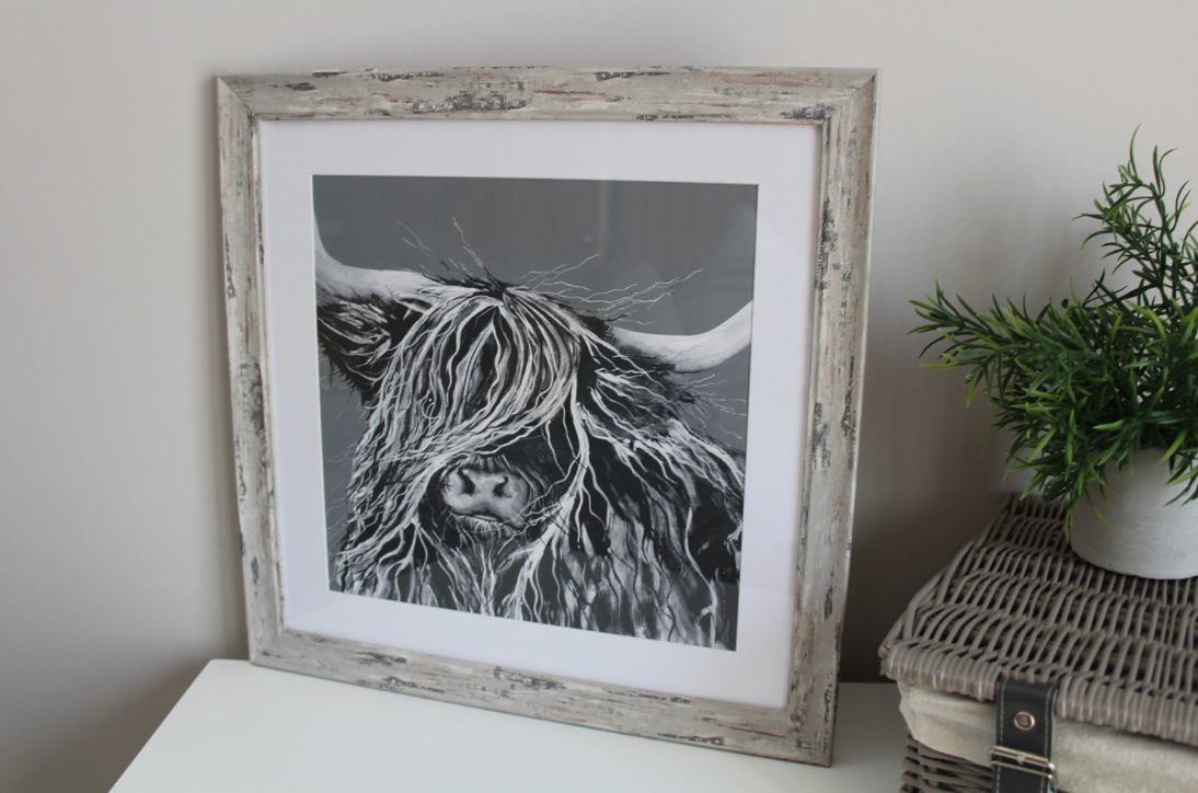 Black and White Cow Picture with Rustic Wooden Frame