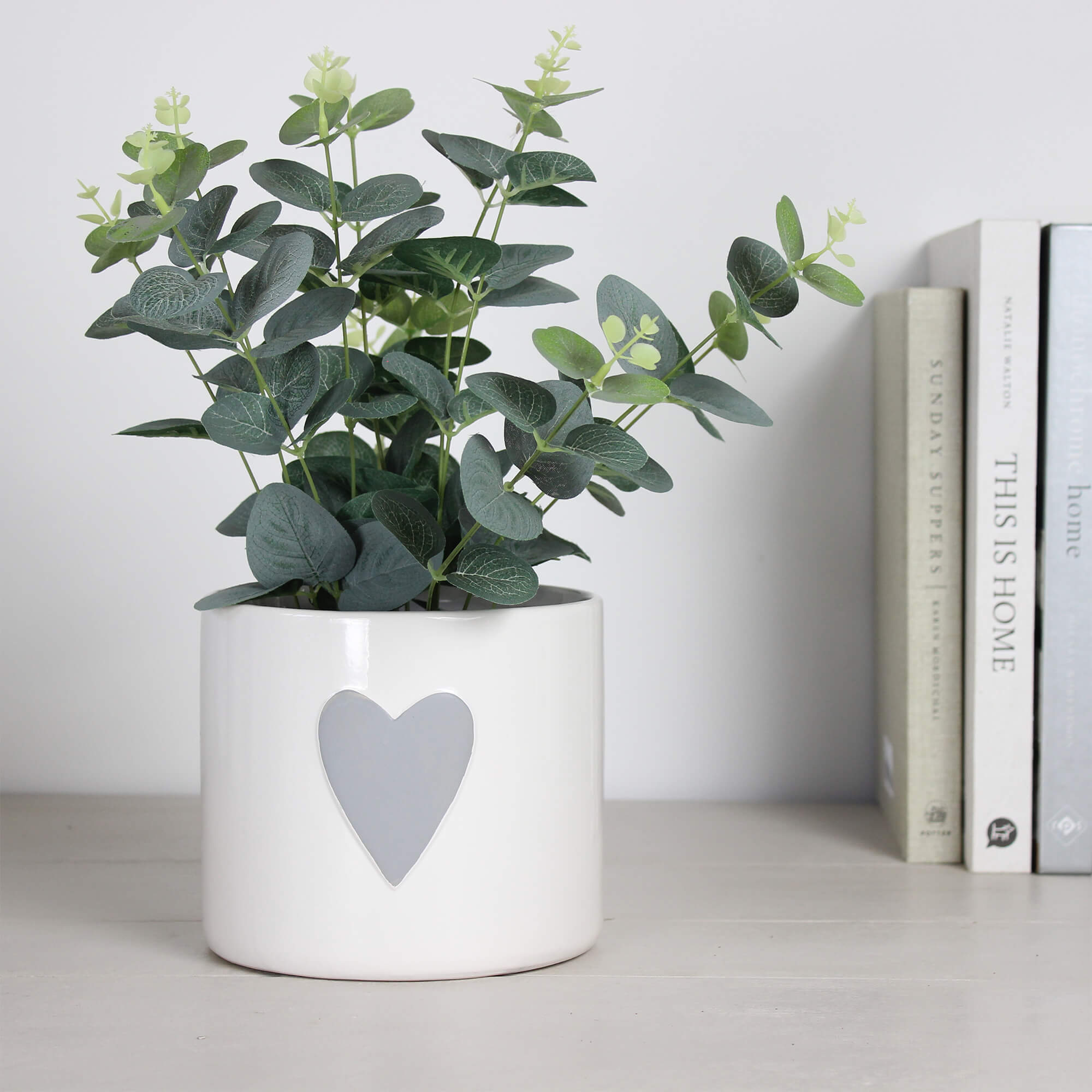 white and grey plant pots White Ceramic Flower Pot with Grey Heart