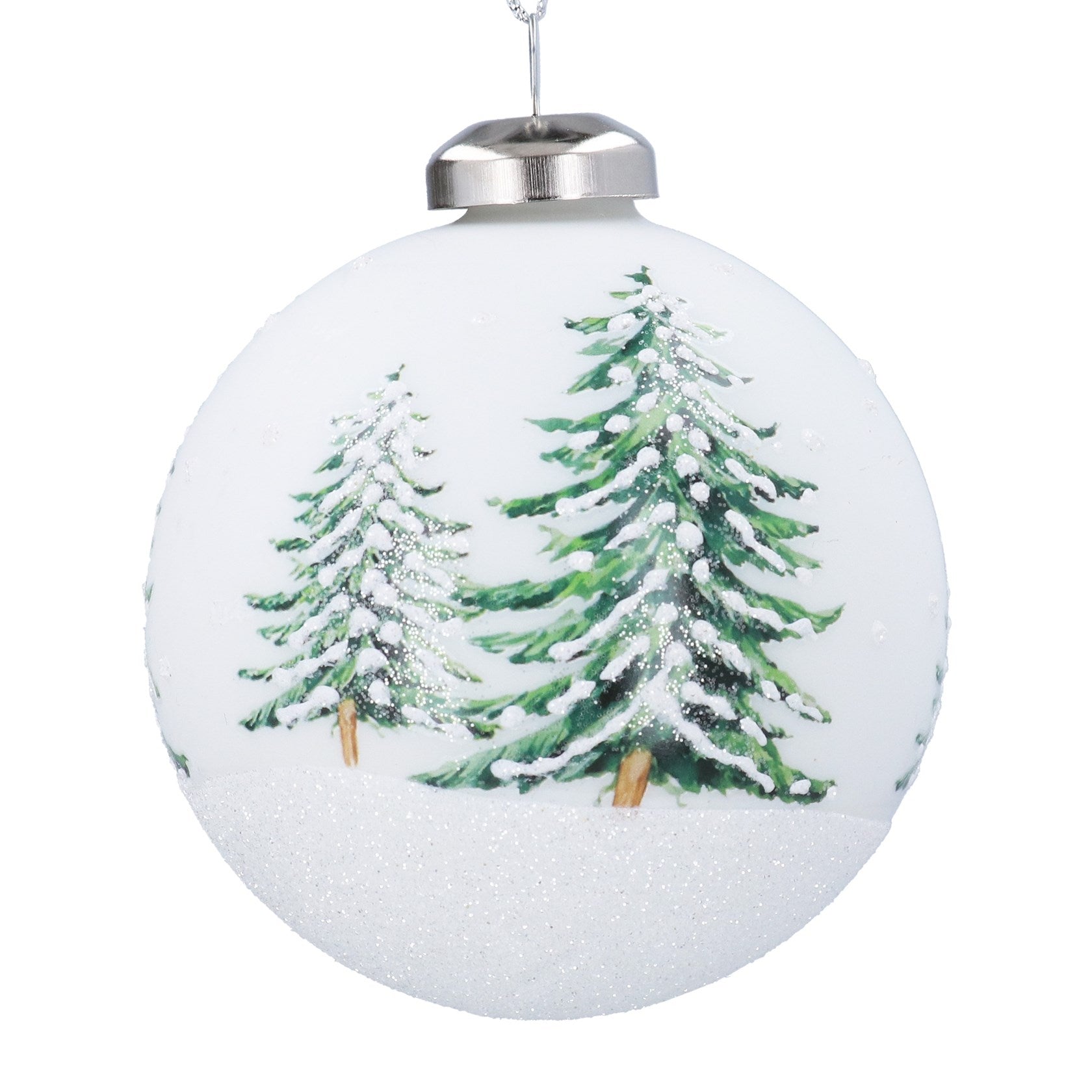 White Glass Bauble with Fir Trees